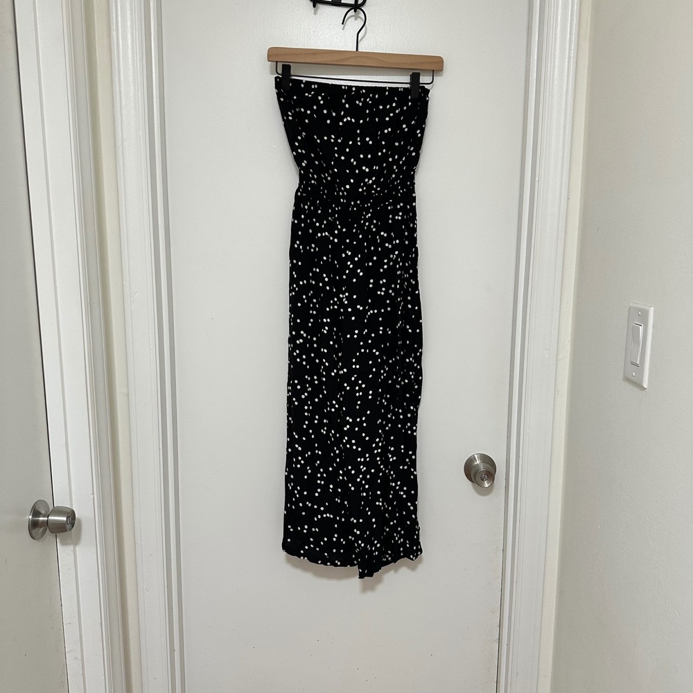 Silence + Noise | Black White Polka‎ Dot Strapless Wide Leg Jumpsuit, Size M